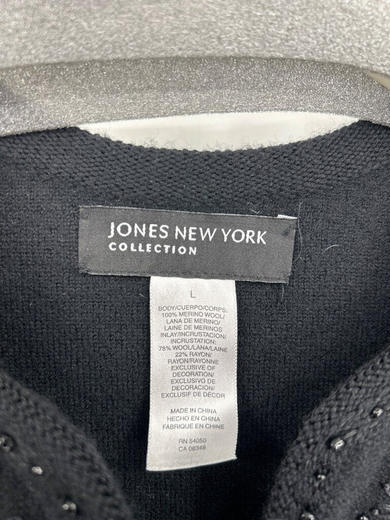 women Jones New York Merino Wool Embroidered Cardigan Black Sweater