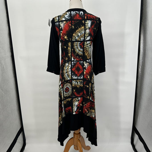 women Aventures des Toiles Aventures des Toiles Black, Red and Gold Colorblock Asymmetrical Shirt Dress Women's Size 36/US 4 Black/Red/Multi Dress M