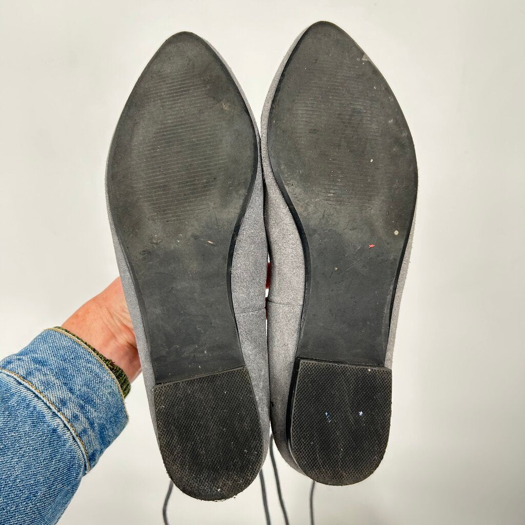women Soft Surroundings Anna Lace Up Suede Ballet Flats Gray Shoes 7.5