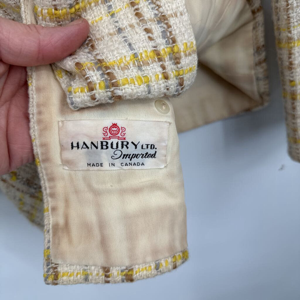 women Hanbury Ltd Plaid Tweed Jacket Cream Yellow Brown Vintage 4P