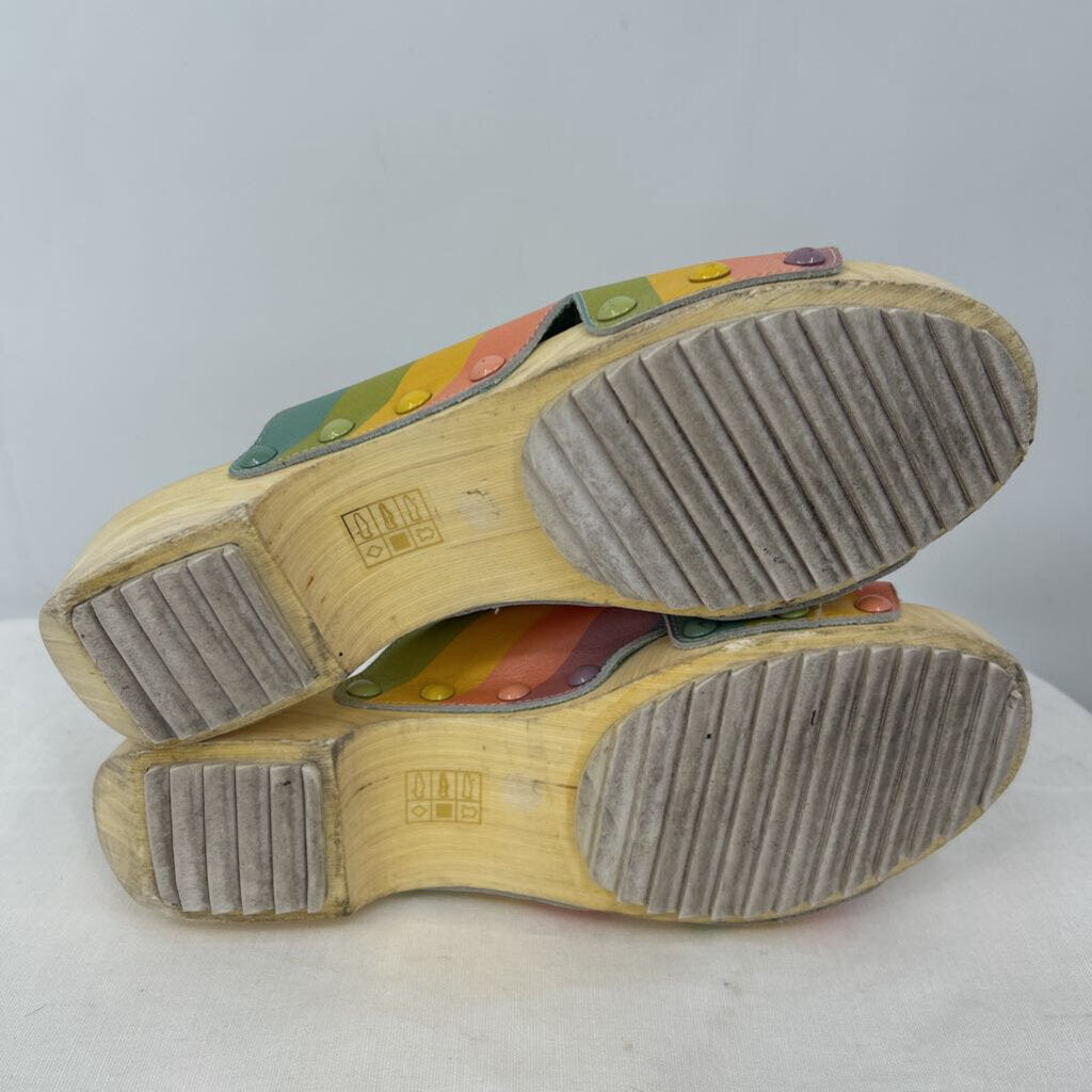 women Kelsi Dagger Brooklyn Gear Leather Clog Slide Rainbow Shoes 8.5