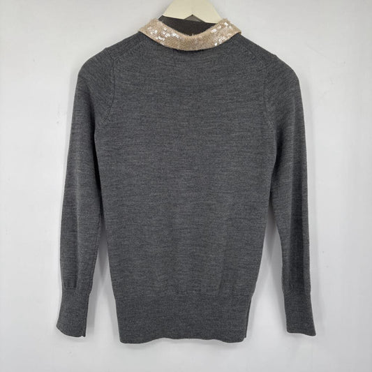 women Markus Lupfer Sequined Collar Merino Wool Gray Cream Sweater XS