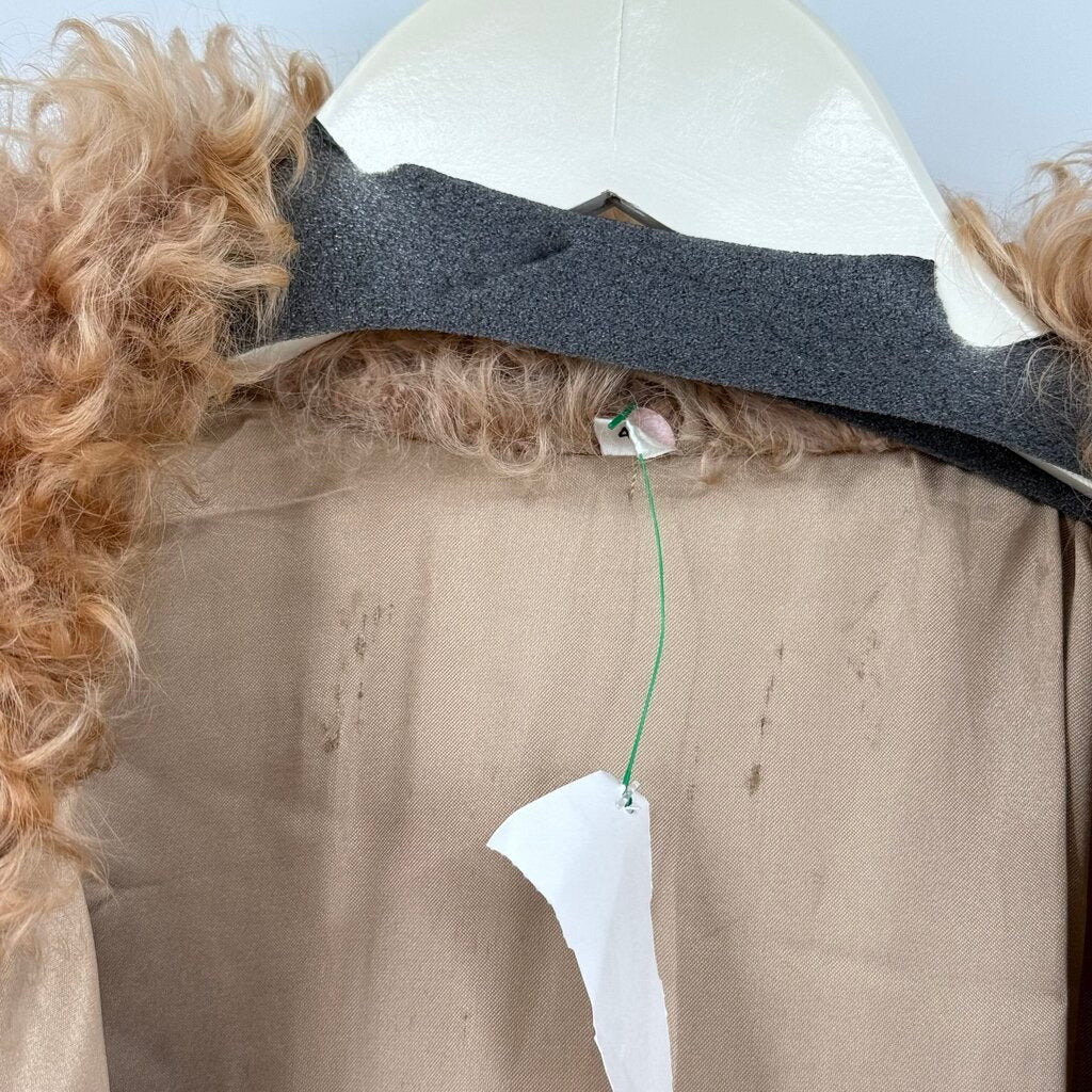 women Vintage Rabbit Fur W/Curly Lamb Collar Caramel brown Coat L