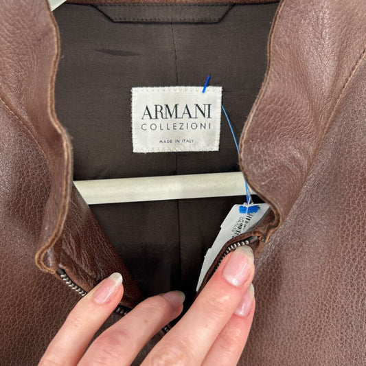 men Armani Collezioni Leather Brown Jacket IT40/US32/XS