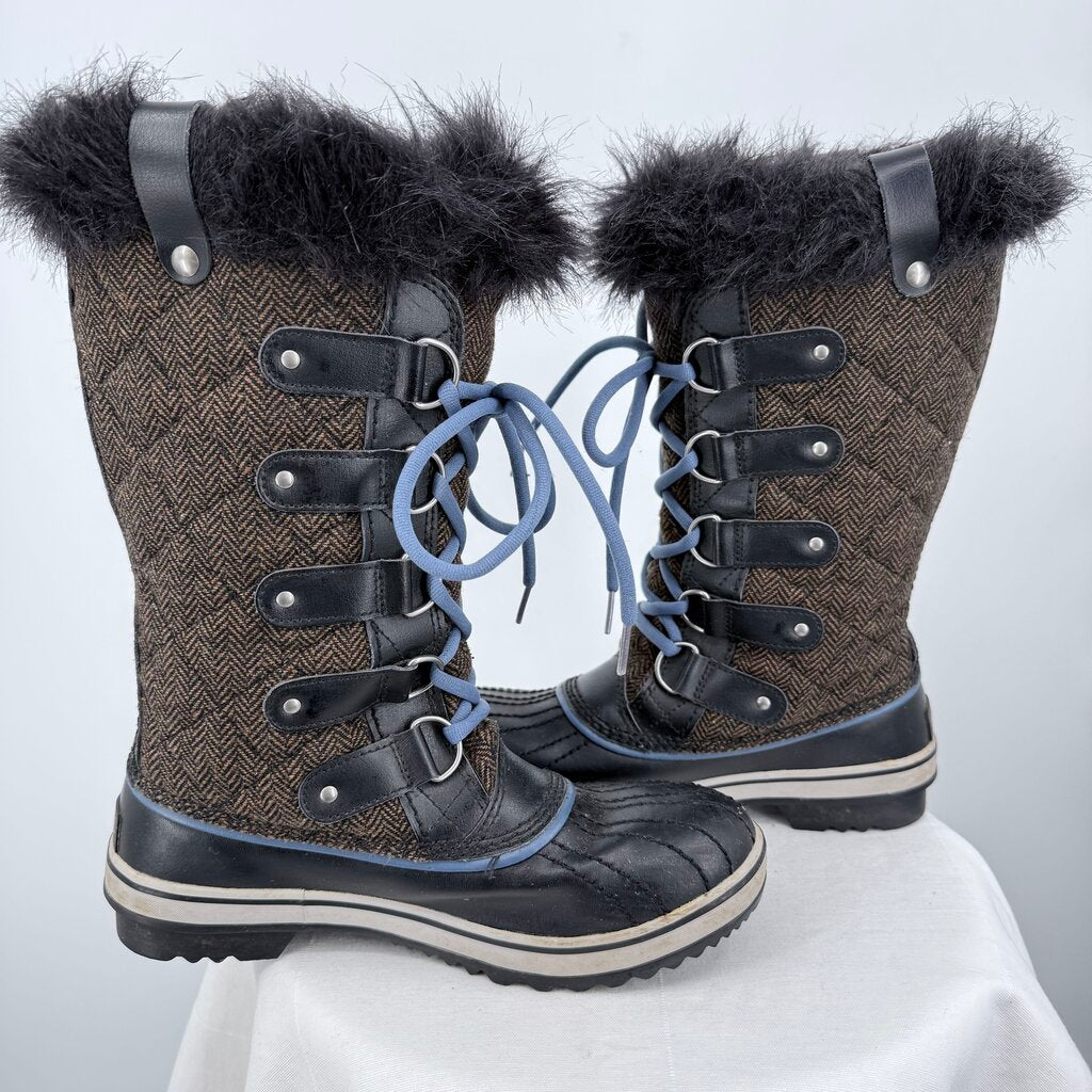 women Sorel Tofino II Herringbone Winter Duck Boot Brown and Black Shoes 7