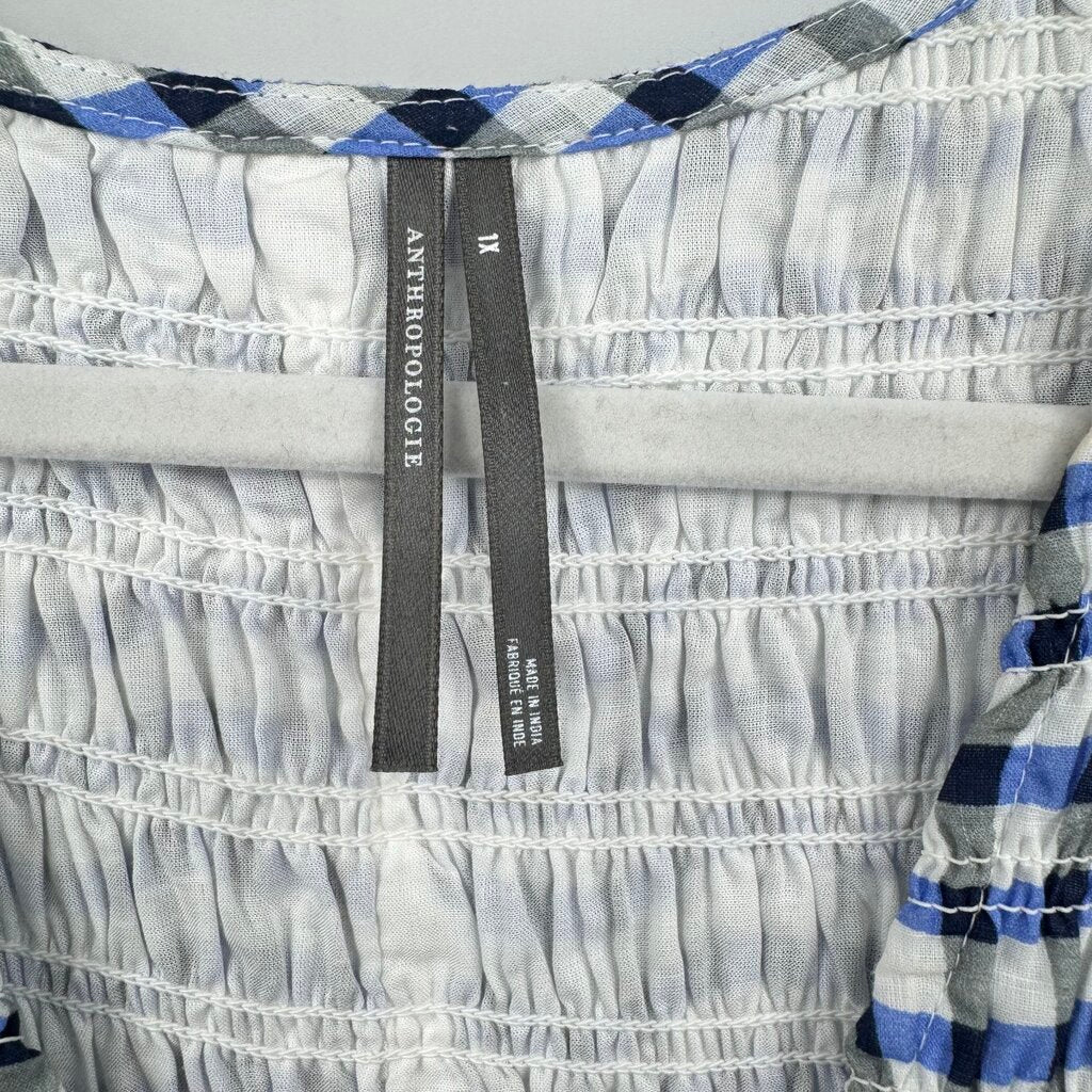 women Anthropologie Peregrine Gingham Midi Bue & White Dress 1X