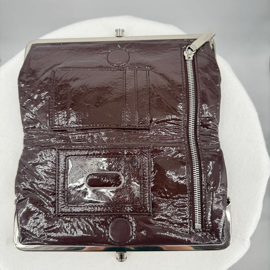 women Hobo Lauren Clutch Wallet in Crinkle Patent Chocolate Brown Purse 8.5Wx4.5Hx1D