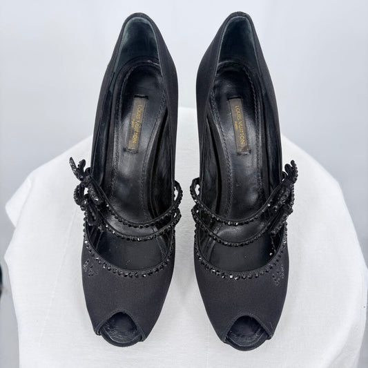 women Louis Vuitton Black Satin Embellished Peep-Toe Pumps Black Shoes 38/7-7.5