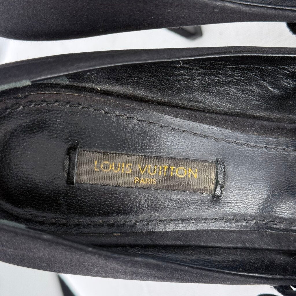 women Louis Vuitton Black Satin Embellished Peep-Toe Pumps Black Shoes 38/7-7.5