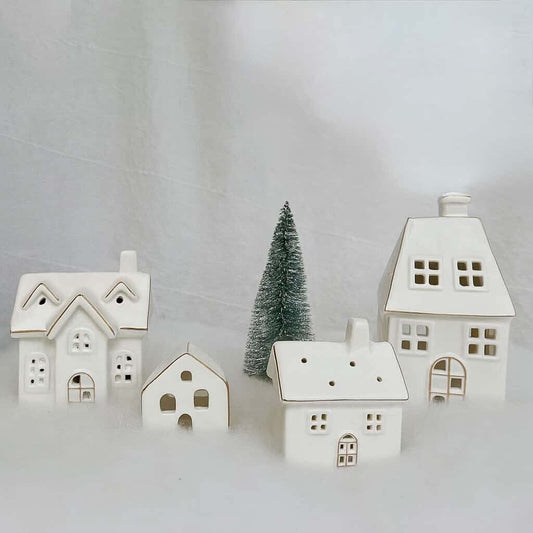 New in Box Ceramic Christmas Village Set of 4 Holiday