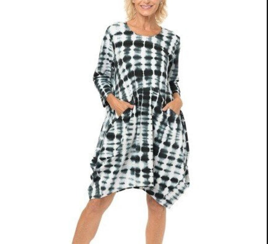 women Snapdragon & Twig Shibori Leighton Dress in Thunder Shibori Black White Dress XS 4-6
