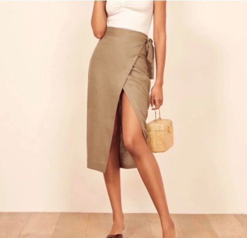women Reformation Linen Florence Midi Wrap Khaki Skirt S