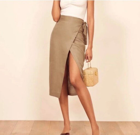 women Reformation Linen Florence Midi Wrap Khaki Skirt S