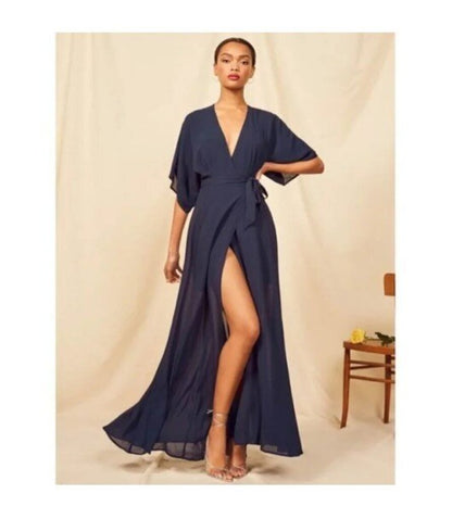women Reformation Winslow Wrap Navy Blue Dress L