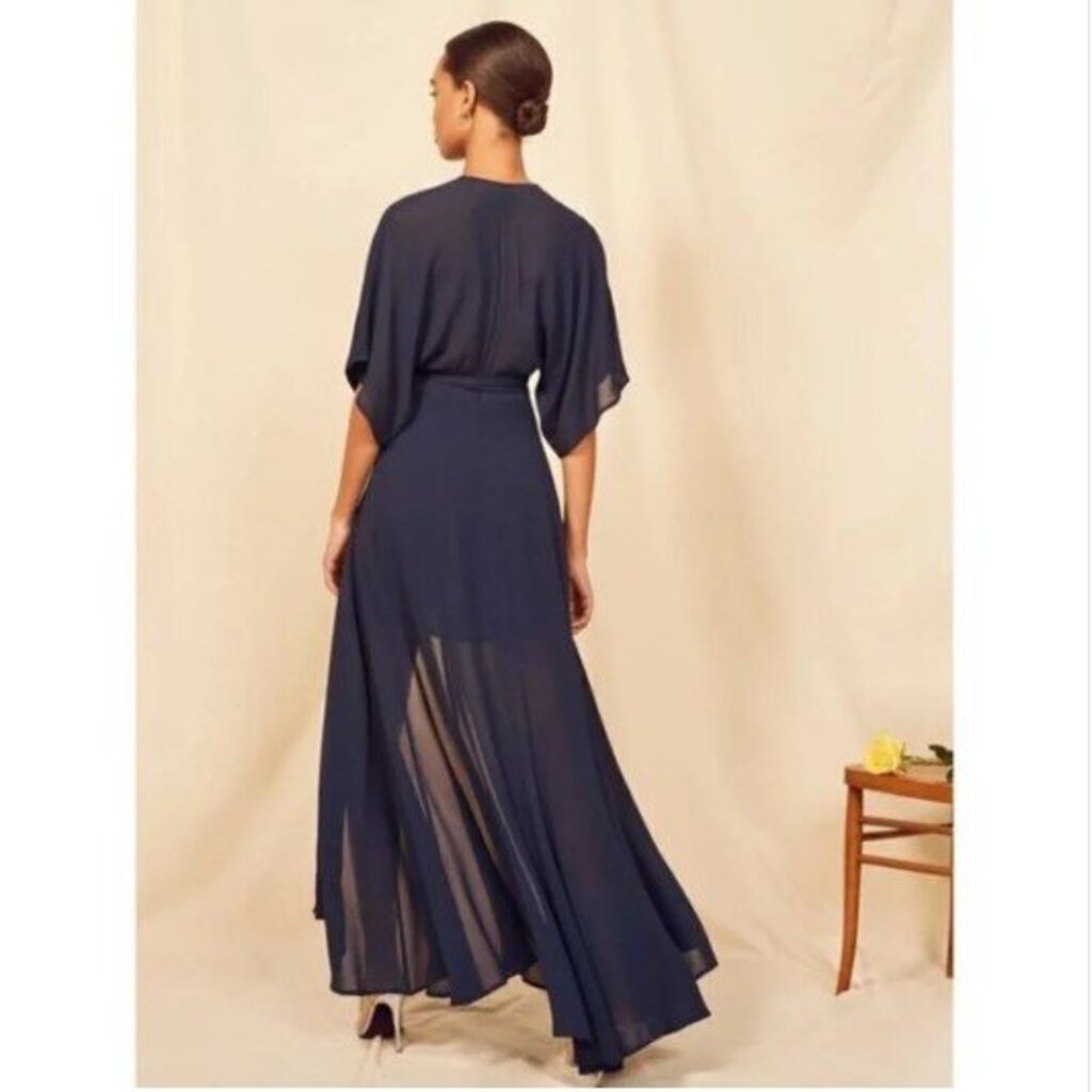 women Reformation Winslow Wrap Navy Blue Dress L