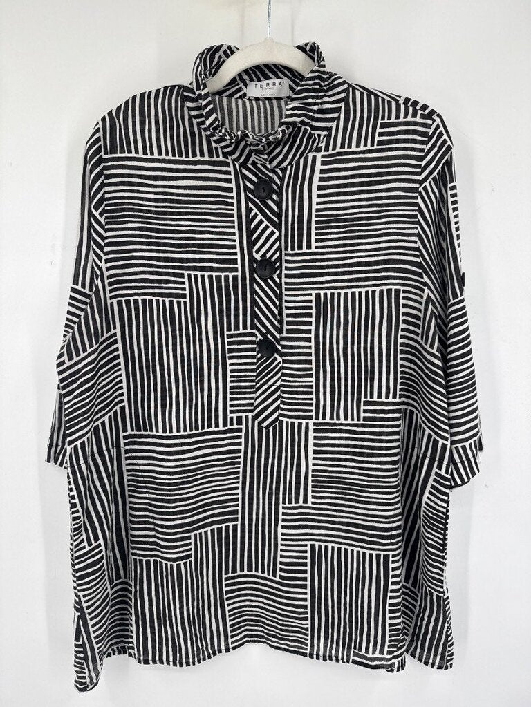 women Terra Mixed Striped Geometric Tunic Black Woven Top