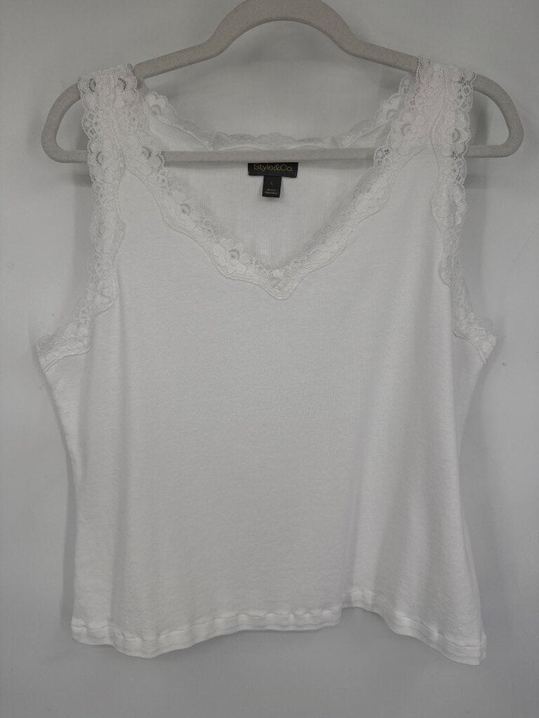 women Style&Co. Lace Trim V-Neck Tank Top White Woven Top