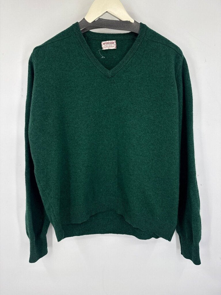 men McGregor Sportswear 100% Lamb's Wool V-Neck Sweater Green Sweater