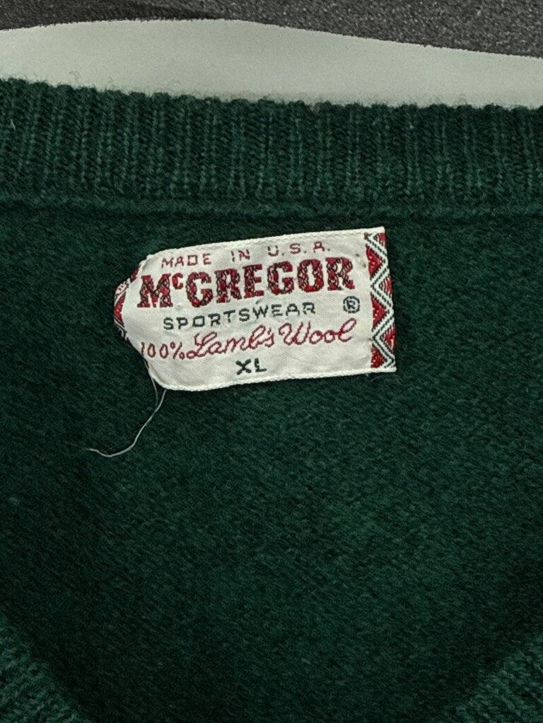 men McGregor Sportswear 100% Lamb's Wool V-Neck Sweater Green Sweater