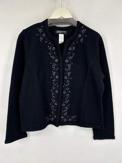women Jones New York Merino Wool Embroidered Cardigan Black Sweater