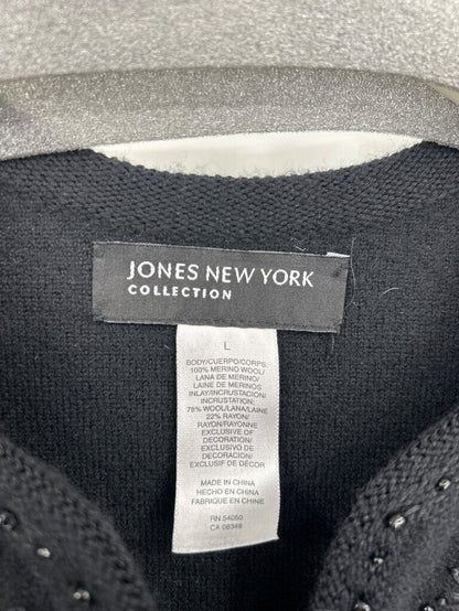 women Jones New York Merino Wool Embroidered Cardigan Black Sweater