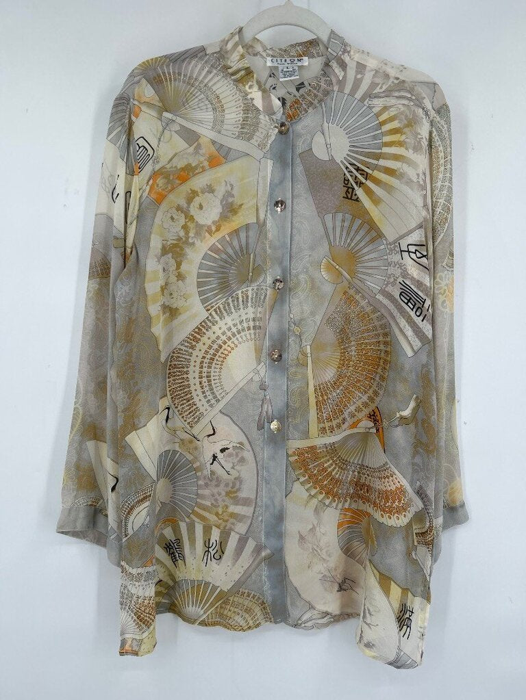 women Citron Silk Fan Print Long Sleeve Blouse L Multi Woven Top
