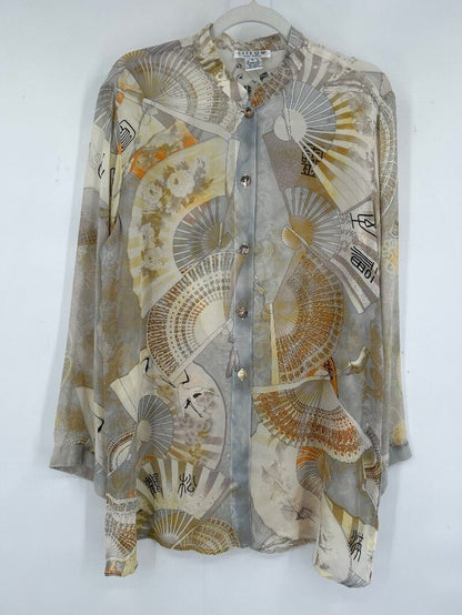 women Citron Silk Fan Print Long Sleeve Blouse L Multi Woven Top