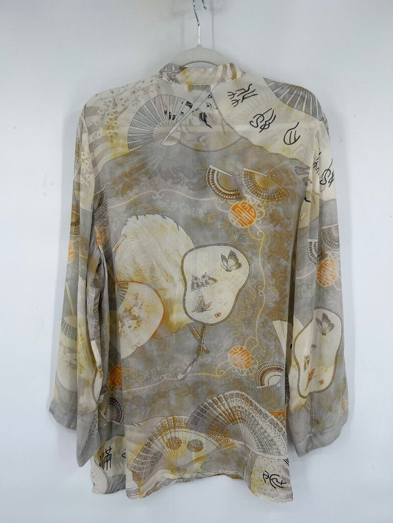 women Citron Silk Fan Print Long Sleeve Blouse L Multi Woven Top