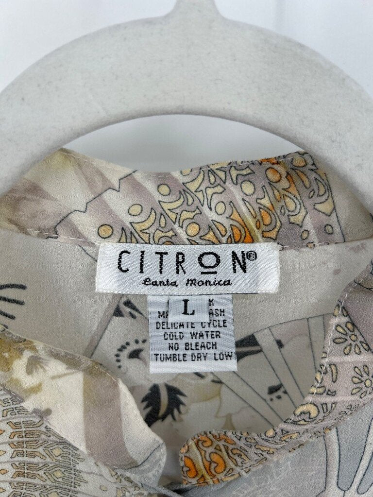 women Citron Silk Fan Print Long Sleeve Blouse L Multi Woven Top