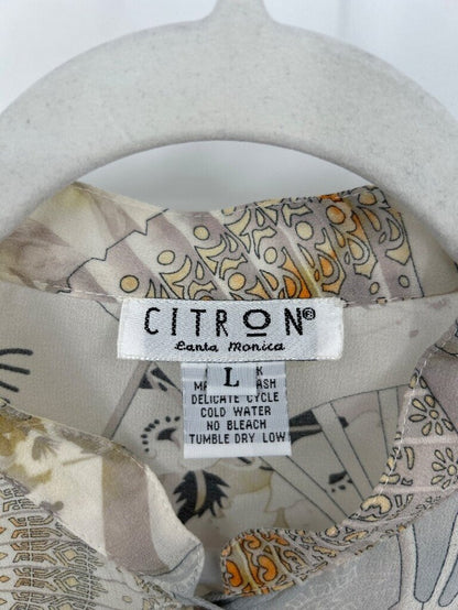 women Citron Silk Fan Print Long Sleeve Blouse L Multi Woven Top