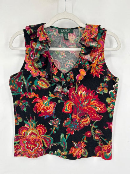 women Lauren Ralph Lauren Floral Ruffle V-Neck Sleeveless Top Multi Knit Top