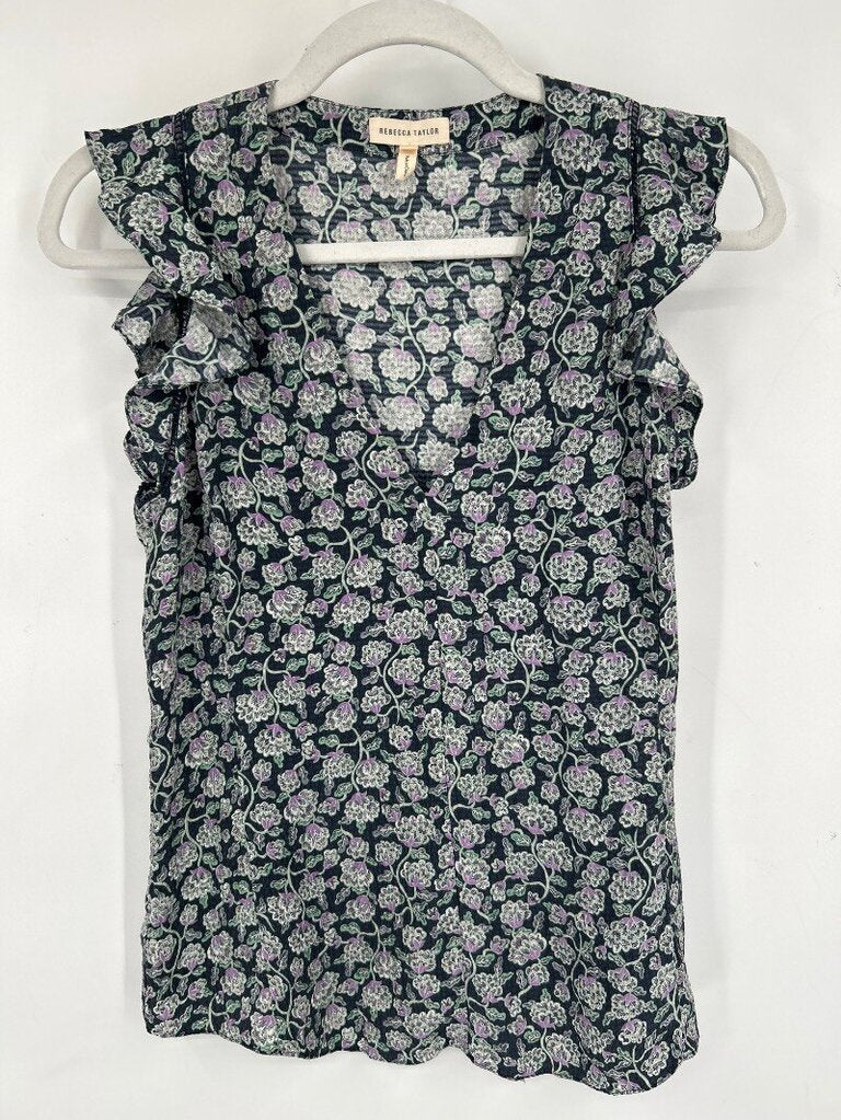 women Rebecca Taylor Silk Floral Ruffle Sleeve Top Navy Blue Woven Top