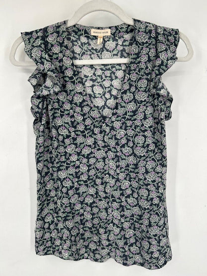 women Rebecca Taylor Silk Floral Ruffle Sleeve Top Navy Blue Woven Top