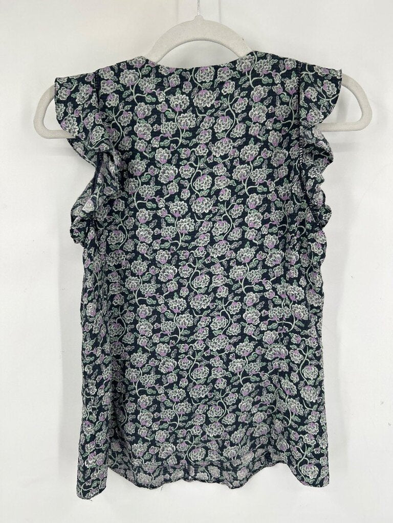 women Rebecca Taylor Silk Floral Ruffle Sleeve Top Navy Blue Woven Top