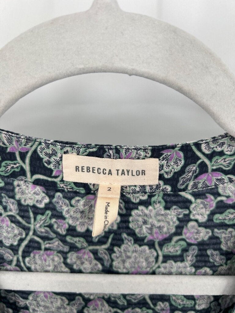 women Rebecca Taylor Silk Floral Ruffle Sleeve Top Navy Blue Woven Top