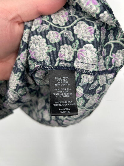 women Rebecca Taylor Silk Floral Ruffle Sleeve Top Navy Blue Woven Top
