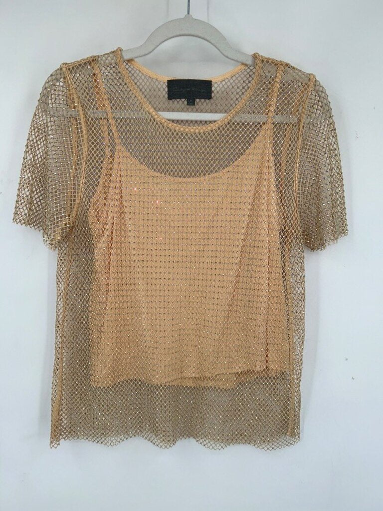 women Sunday in Brooklyn Rhinestone Mesh Top Beige Woven Top