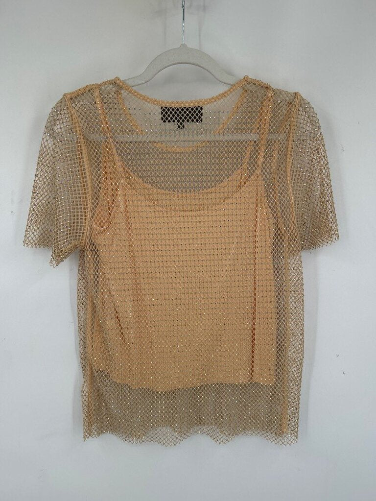 women Sunday in Brooklyn Rhinestone Mesh Top Beige Woven Top