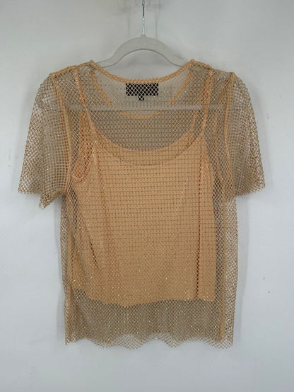 women Sunday in Brooklyn Rhinestone Mesh Top Beige Woven Top