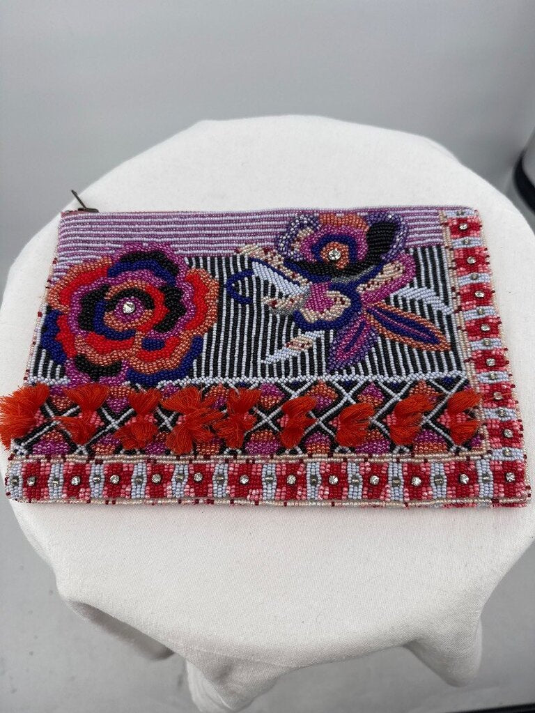 women Anthropologie Vintage Beaded Zip Pouch Multi Purse