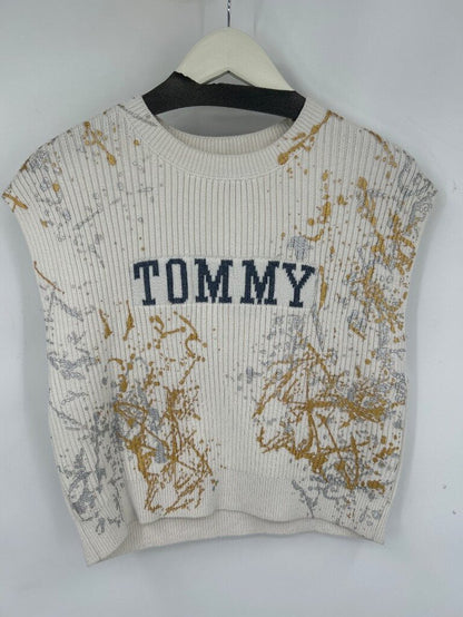 women Tommy Jeans Ribbed Knit Sleeveless Top with Paint Splatter Ivory Knit Top
