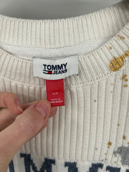women Tommy Jeans Ribbed Knit Sleeveless Top with Paint Splatter Ivory Knit Top