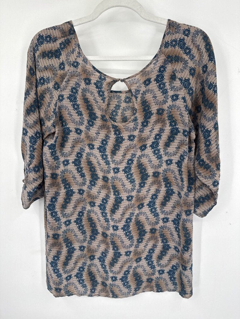 women Silence + Noise Silk Boho Chic Blouse Beige Woven Top