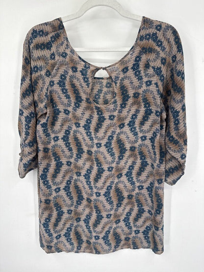 women Silence + Noise Silk Boho Chic Blouse Beige Woven Top