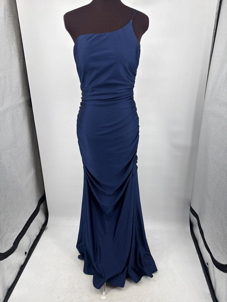 women B. Darlin One Shoulder Side Ruched Gown Navy Blue Dress