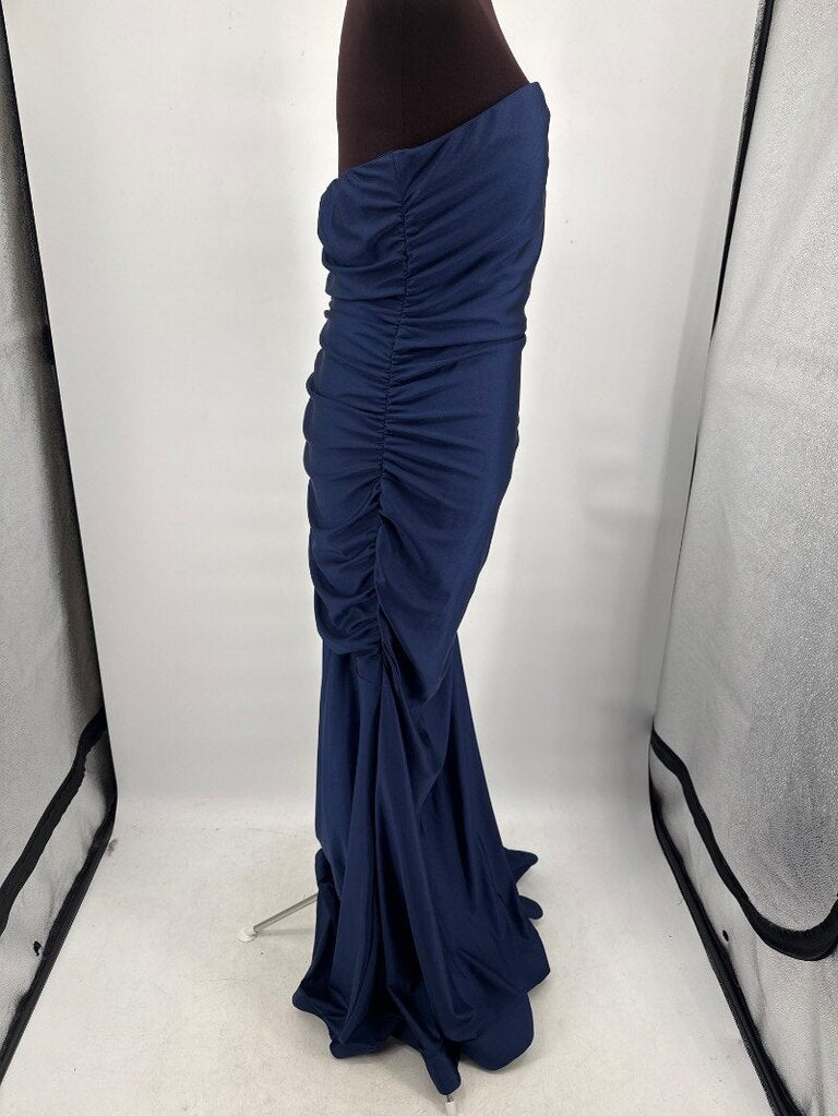 women B. Darlin One Shoulder Side Ruched Gown Navy Blue Dress