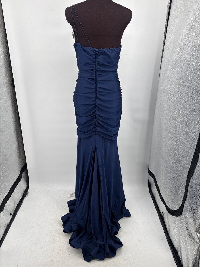 women B. Darlin One Shoulder Side Ruched Gown Navy Blue Dress