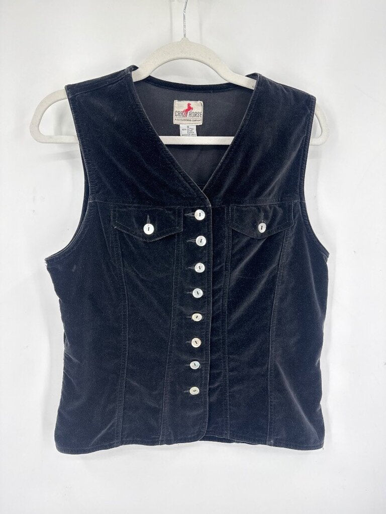 women Crazy Horse Vintage Velvet Vest Black Woven Top S