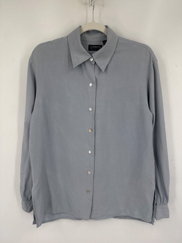 women Liz Claiborne Silk Long Sleeve Button-Up Shirt Slate Woven Top 6