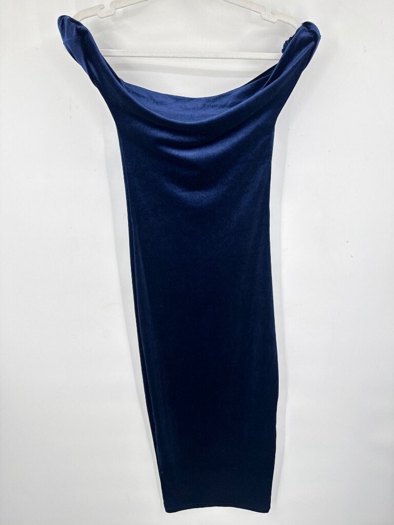 women Club L London Carella Navy Velvet Twisted Asymmetric Midi Dress Navy Blue Dress US 4